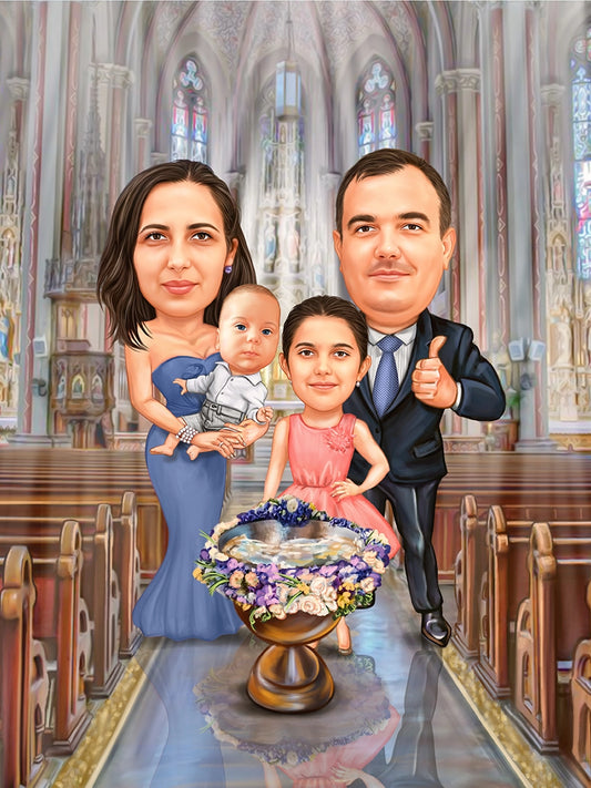 Caricatura familie la botez