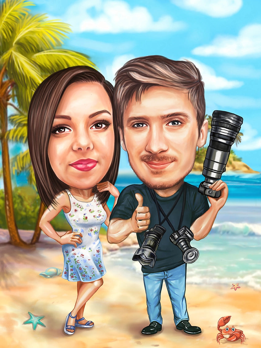 Caricatura de cuplu fotograf cu iubita la plaja