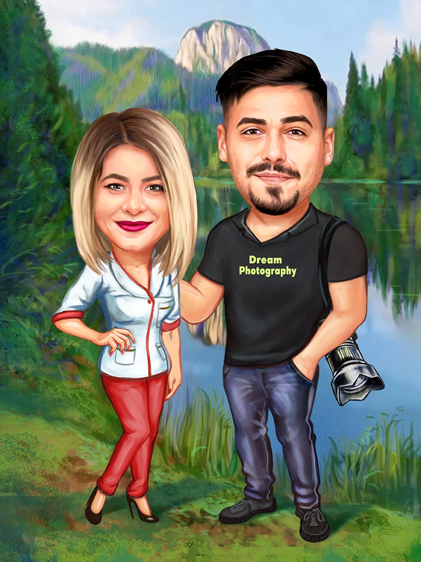 Caricatura de cuplu fotograf langa lac