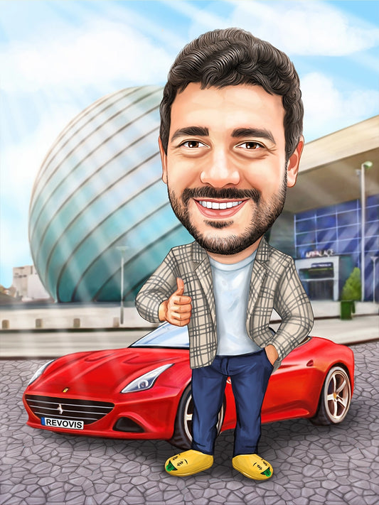 Caricatura barbat cu Ferrari