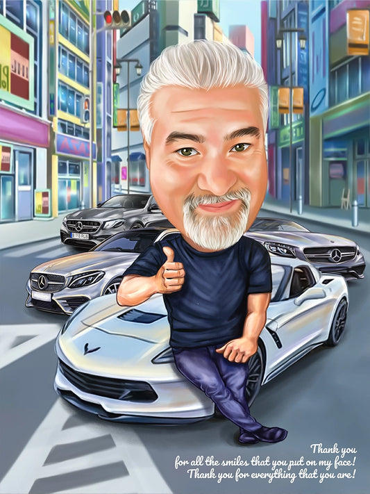 Caricatura barbat cu Corvette