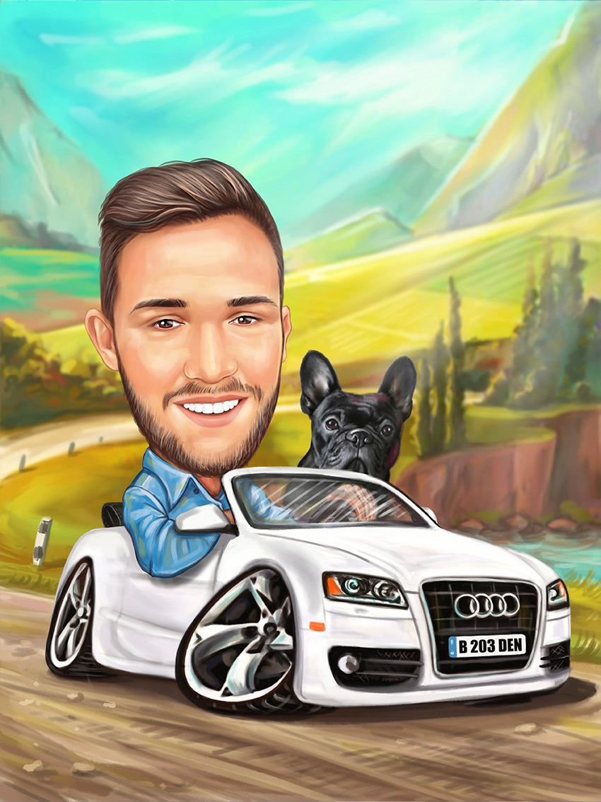 Caricatura cu Audi in munti