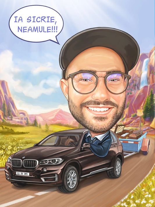 Caricatura cu BMW la munte