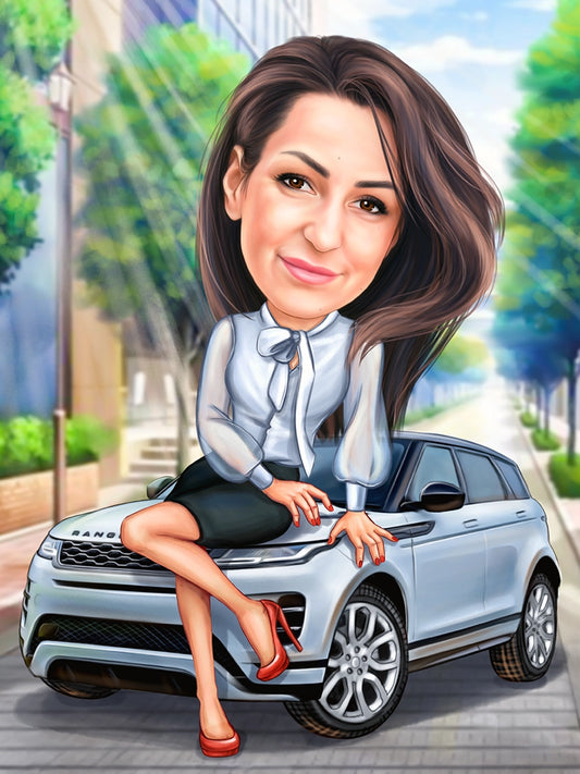Caricatura femeie cu Range Rover