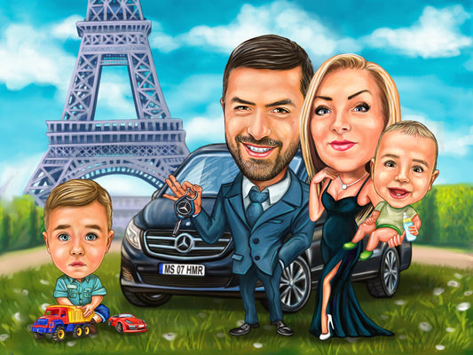 Caricatura de familie cu Mercedesul la Paris