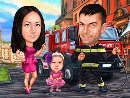 Caricatura de familie ajutor de pompier