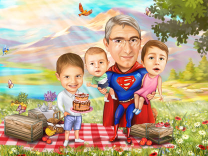 Caricatura de familie la picnic bunicul Superman