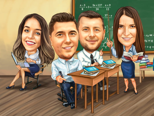 Caricatura promotia vesela in sala de clasa