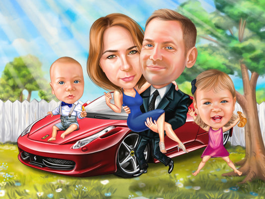 Caricatura de familie cu Ferrari