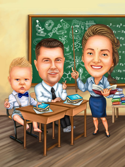 Caricatura familia in banca