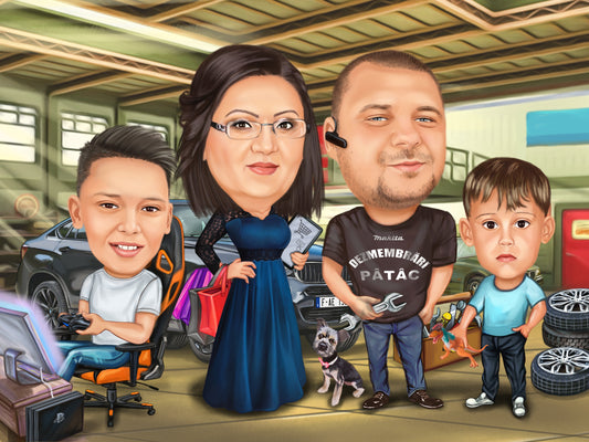 Caricatura familie de mecanici