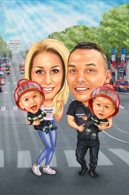 Caricatura familie de pompier