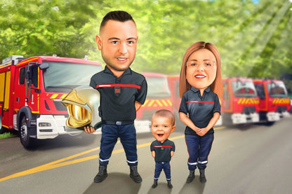 Caricatura familie de pompieri si ambulante