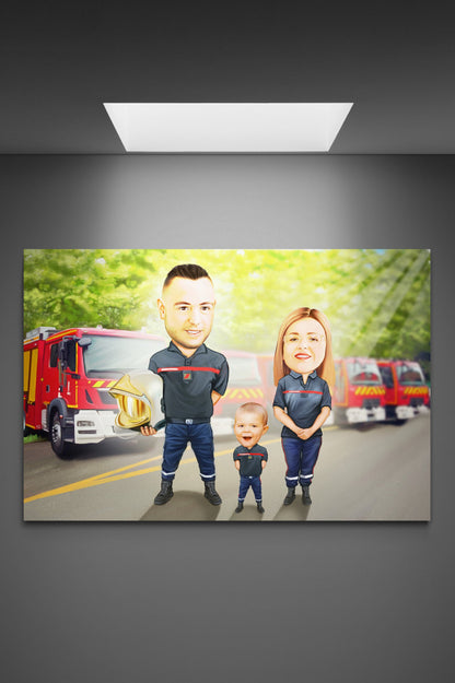 Caricatura familie de pompieri si ambulante