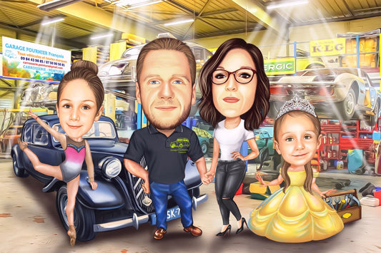 Caricatura familie fericita la garaj