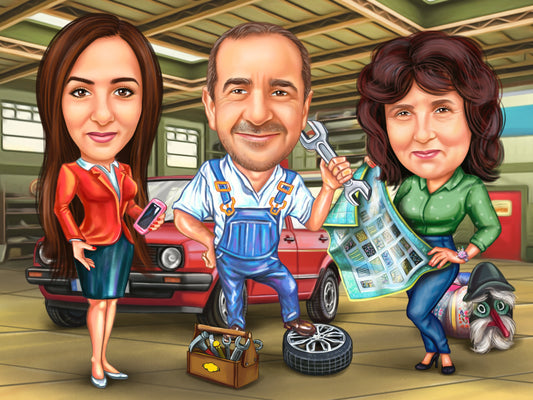 Caricatura familie in service auto