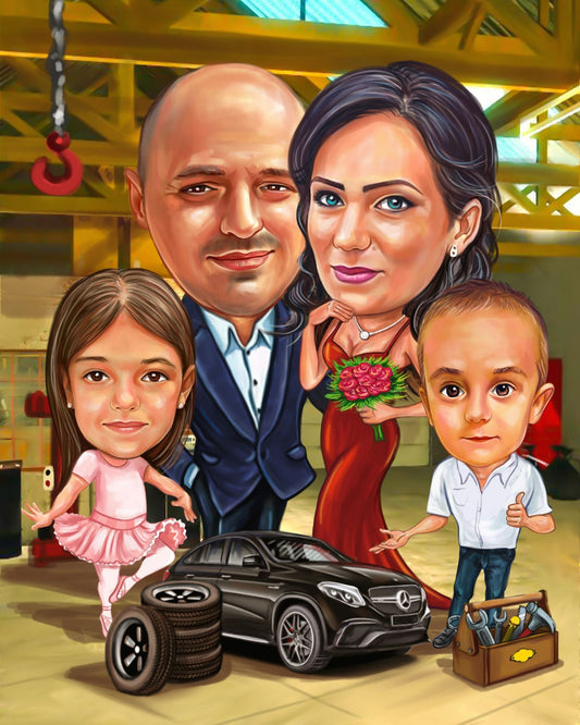 Caricatura familie sarbatorind la service