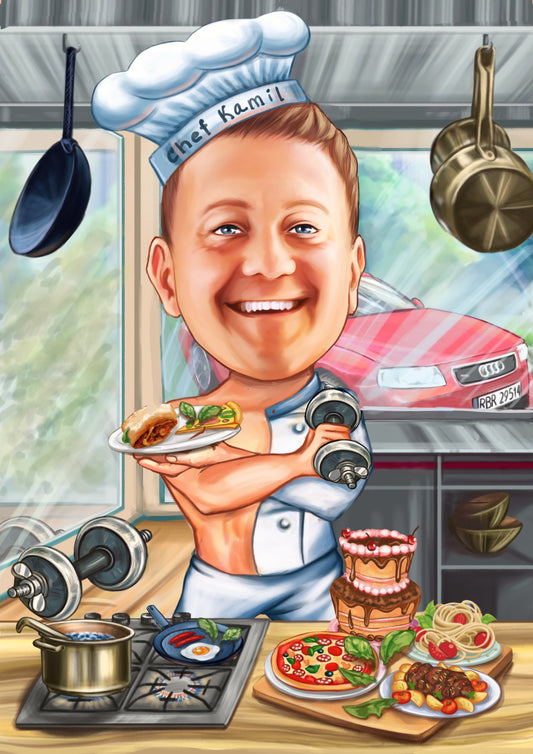 Caricatura funny bucatar cu gantere