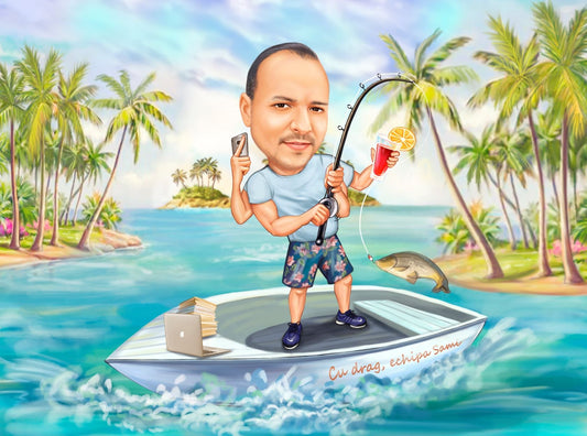 Caricatura funny la pescuit cu biroul dupa el