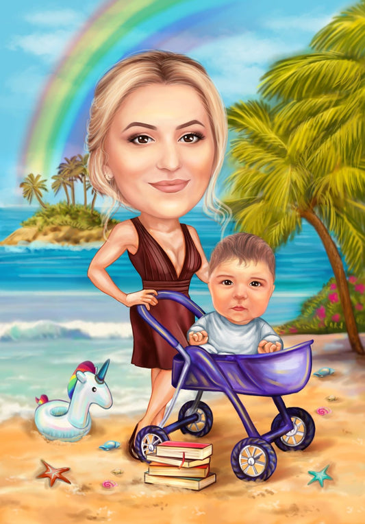 Caricatura mama, bebe si un curcubeu