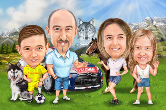 Caricatura familie si masina cu animale