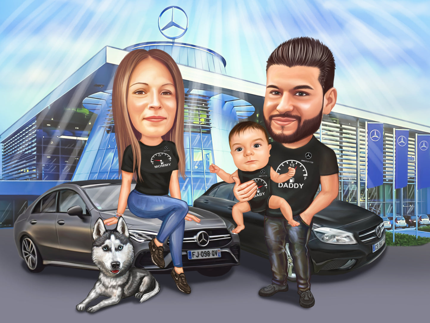 Caricatura de familie pasiune pentru Mercedes