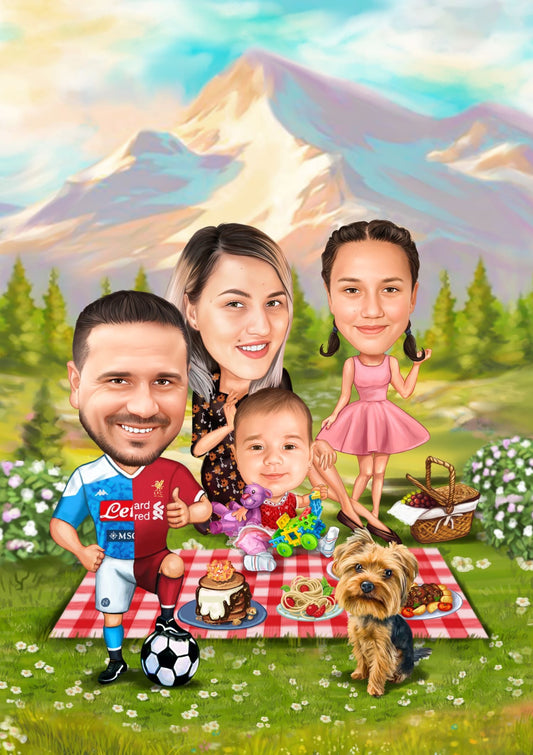 Caricatura picnic in familie