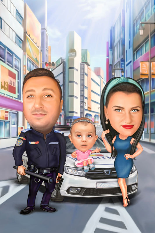 Caricatura de familie politist cu masina de politie