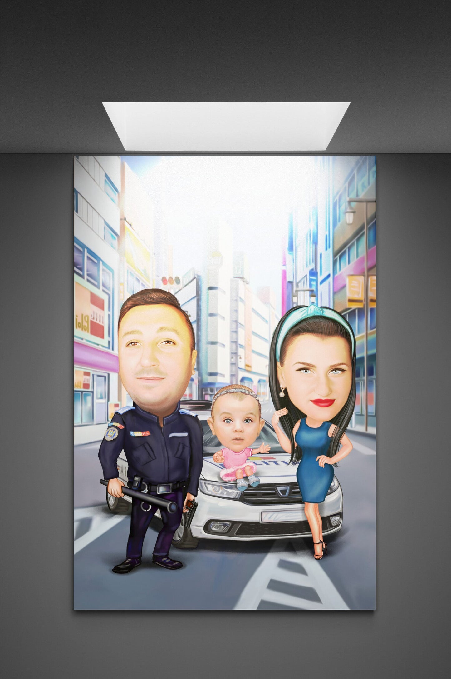 Caricatura de familie politist cu masina de politie