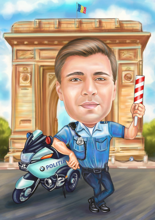 Caricatura politist cu motor