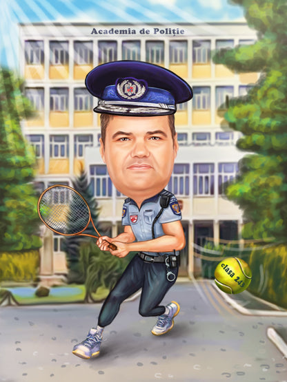 Caricatura politist jucand tenis