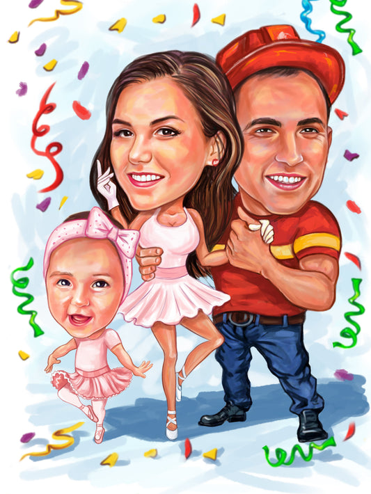 Caricatura de familie pompier cu balerinele lui