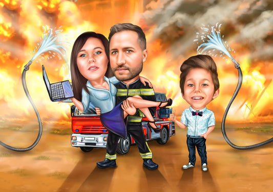 Caricatura de familie pompier cu sotia in brate
