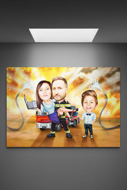 Caricatura de familie pompier cu sotia in brate