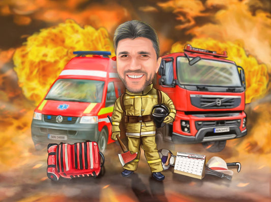 Caricatura pompier in mijlocul actiunii