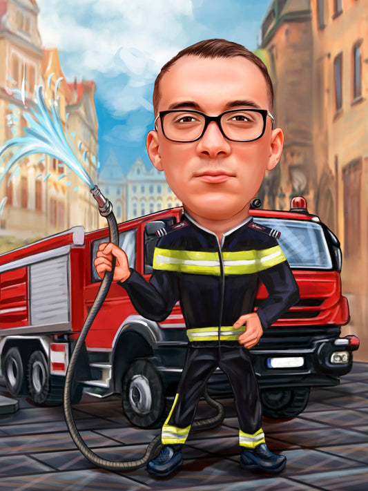 Caricatura pompier pe teren
