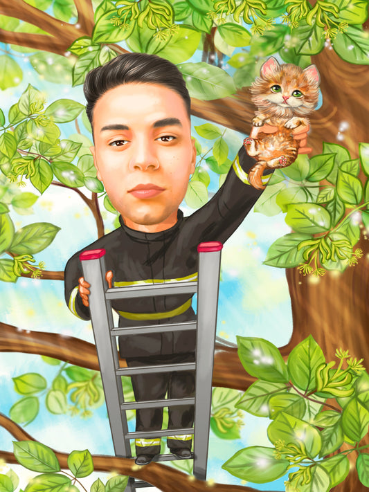 Caricatura pompier salvand pisica