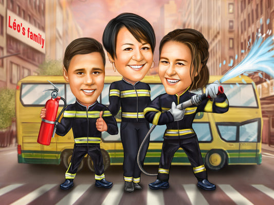 Caricatura pompieri in familie