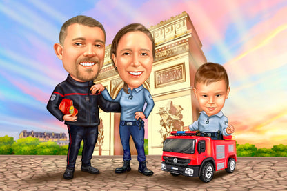 Caricatura de familie pompieri la arcul de triumf