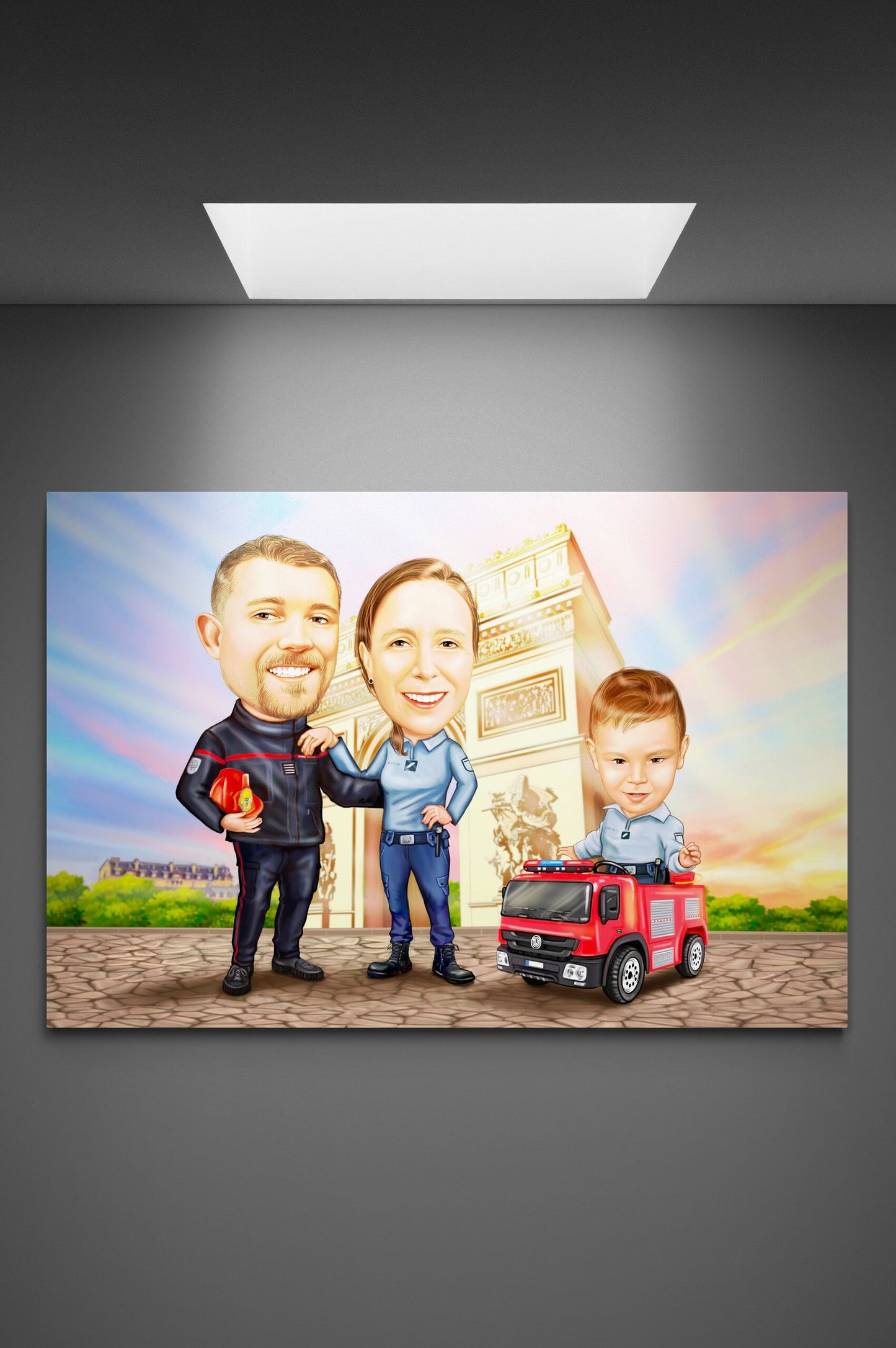 Caricatura de familie pompieri la arcul de triumf
