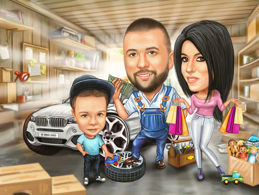 Caricatura de familie shopping si masini
